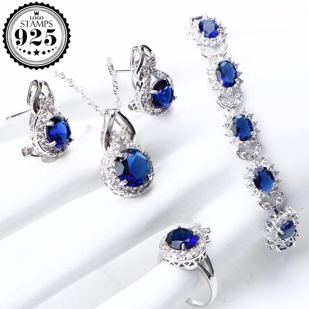 Real 925 Silver Ruby Stone & Diamond Ring Pendant Necklace Earrings Jewelry  Set